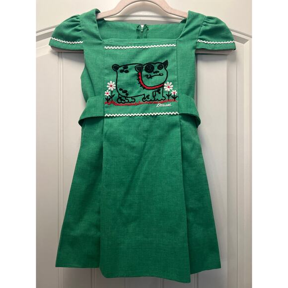 Dorissa Other - Vintage Dorissa Girls Puff Sleeve Dog Embroidery Ric-Rac Trim Dress 6X Green